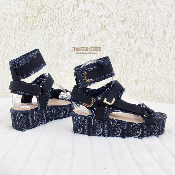 Bandanna 2" Platform Sandals harness strap shoes Black Bandana - Picture 1 of 14